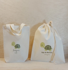 Kit Desconto Saco Cordão Com Sacolinha - Tartaruga - Estampa Padrão Personalizada - Algodão Cru - Cordão Embutido - Lembrancinha de Aniversário
