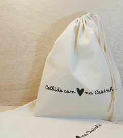 Saco Cordão Colhido com Amor - Estampa Padrão Personalizada - Algodão Cru - Cordão Embutido - Embalagem Sustentável