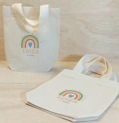Sacolinha Minibag Arco-Íris Boho - Paleta Rosé - Com Data - Personalizada - Estampa Padrão - Algodão Cru - Lembrancinha de Aniversário