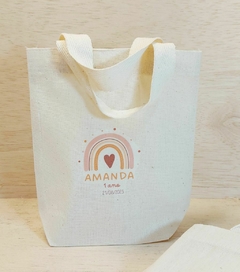 Sacolinha Minibag Arco-Íris Boho - Paleta Rosé - Com Data - Personalizada - Estampa Padrão - Algodão Cru - Lembrancinha de Aniversário