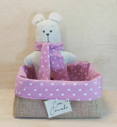 Kit Desconto Cesta Com Ursinia - Ursinha de Pano - Rosa - Corações - Juta e Tecido - Tag Personalizada - Lembrancinha de Aniversário
