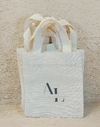 Sacolinha Minibag Nomes Manuscritos - Iniciais Desalinhadas - Data - Personalizada - Estampa Padrão - Algodão Cru - Lembrancinha de Casamento