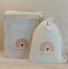 Saco Cordão Arco-Íris Boho - Estampa Padrão Personalizada - Algodão Cru - Cordão Embutido - Lembrancinha de Aniversário
