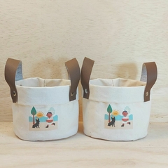 Imagem do Kit Desconto Cesto de Lona com Sacolinha 15x16cm - Mundo da Criança - Algodão Cru - Estampa Personalizada - Lembrancinha de Aniversário