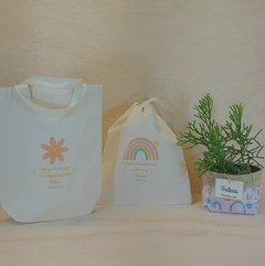 Kit Desconto Saco Cordão com Sacola - Jardim Encantado - Estampa Padrão Personalizada - Algodão Cru - Cordão Embutido - Brinde Ecológico - Craft.Mimo