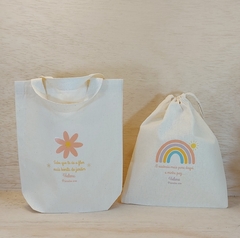 Kit Desconto Saco Cordão com Sacola - Jardim Encantado - Estampa Padrão Personalizada - Algodão Cru - Cordão Embutido - Brinde Ecológico