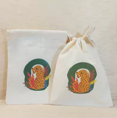 Saco Cordão Onça Pintada - Estampa Grande - Cordão Embutido - Algodão Cru