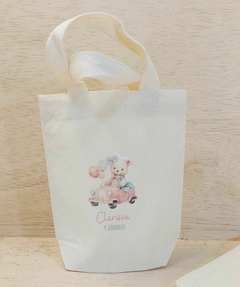 Sacolinha Minibag Ursinho com Balões - Aquarelado - Personalizada - Estampa Grande - Algodão Cru - Lembrancinha de Aniversário - Craft.Mimo