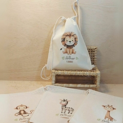 Saco Mochila Bichos no Jipe - Lembrancinha de Aniversário Safari - Algodão Cru - Personalizada - loja online