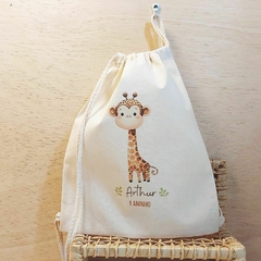 Imagem do Saco Mochila Bichos no Jipe - Lembrancinha de Aniversário Safari - Algodão Cru - Personalizada