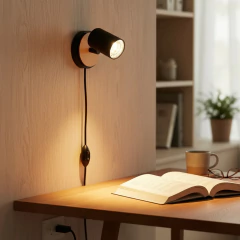 Aplique 1l Spot Negro Blanco Madera Cabecera Cama Lectura Con Cable