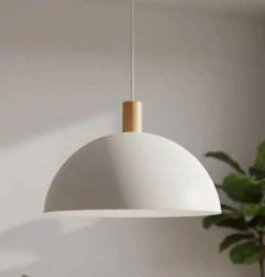 Colgante Campana Diam. 45cm Blanco Int Blanco Detalle Madera