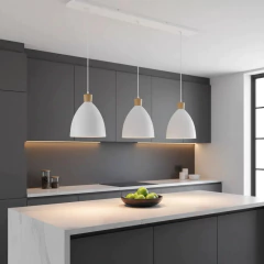 Colgante 3 Luces Campana Negra/Blanca Con Madera Int. Bco Base 80cm