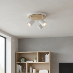 Plafon Base Circular 3L Spots Blanco/Negro con Madera - tienda online