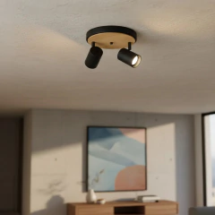 Plafon Base Circular 2L Spots Blanco/Negro con Madera - Onda Luz Iluminación