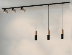 Riel 2 metros doble efecto con 3 spots madera + 3 Colgantes Madera + Aluminio