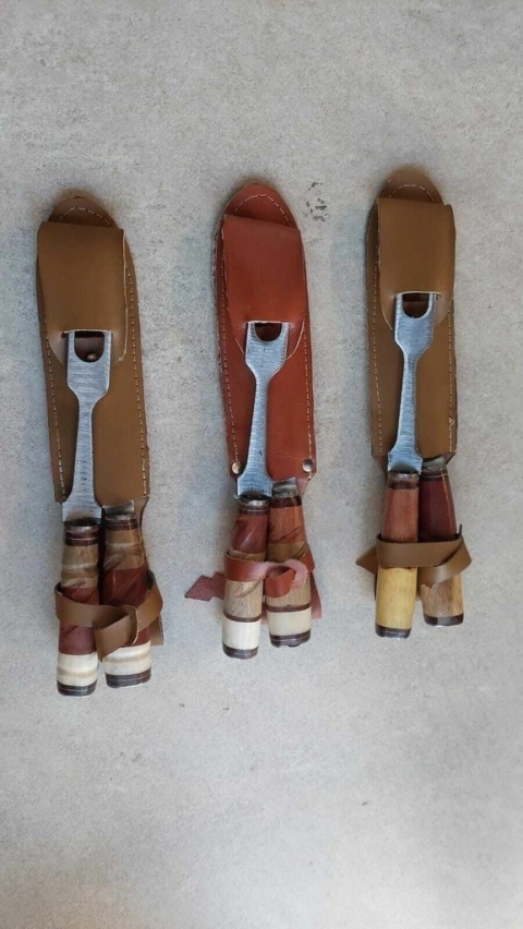 juego parrillero campo cuchillo hoja 16cm + tenedor largo con estuche de cuero