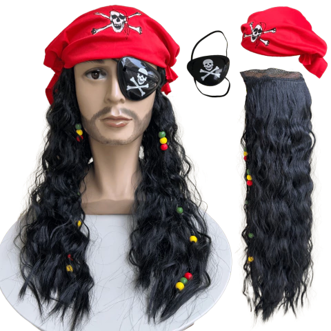Peruca pirata com Tapa olho bandana one piece capitão jack
