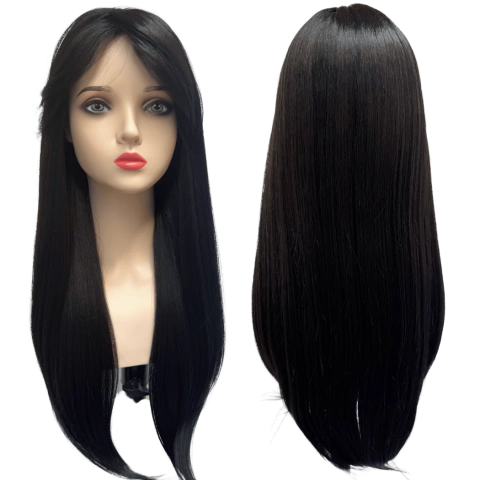 Peruca preta lisa com franjão orgânica fibra futura comprida