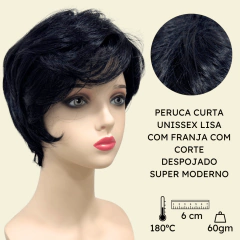 Peruca curta c/ franja unissex orgânica lisa repicada na internet