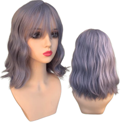 Peruca curta médio lisa ondulada roxa lilás franja kawai