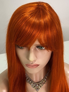 Peruca Humana Ruiva Laranja Com Franja Lisa Ondulada 50cm