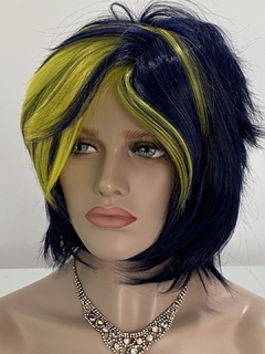 Peruca Curta Arrepiada Franja Cosplay Repicada Azul Amarelo - loja online