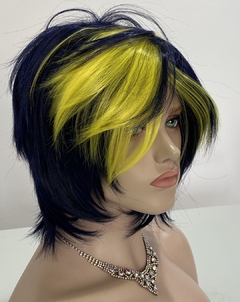 Peruca Curta Arrepiada Franja Cosplay Repicada Azul Amarelo - Perucas & Laces LIONSWIG