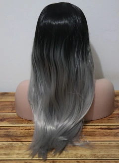 Peruca Ombre Hair Preta Cinza Platinada Franja Lisa Silk Top - Perucas & Laces LIONSWIG