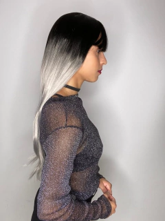 Imagem do Peruca Ombre Hair Preta Cinza Platinada Franja Lisa Silk Top