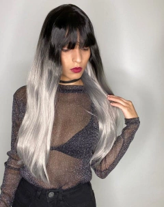Imagem do Peruca Ombre Hair Preta Cinza Platinada Franja Lisa Silk Top