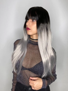 Peruca Ombre Hair Preta Cinza Platinada Franja Lisa Silk Top