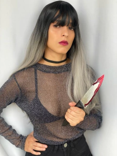Peruca Ombre Hair Preta Cinza Platinada Franja Lisa Silk Top - Perucas & Laces LIONSWIG