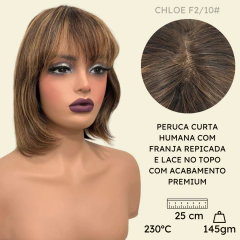 Imagem do Peruca humana curta bob franja 25cm com lace no topo natural