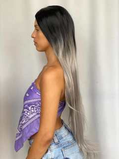 Peruca Mini Lace ao Meio Futura Ombre Platinada Preta Cinza - loja online