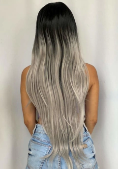 Imagem do Peruca Mini Lace ao Meio Futura Ombre Platinada Preta Cinza