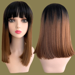 Peruca média ombre hair preta para castanho claro loiro com franja