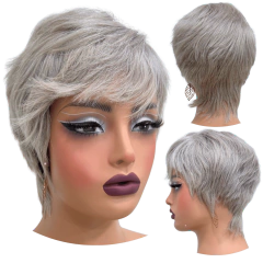 Peruca humana curta platinada cinza branco franja unissex