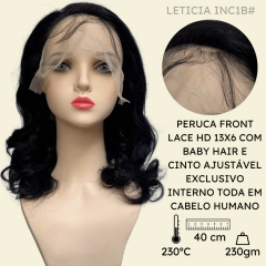 Peruca front lace HD humana ondulada preto natural 40cm - comprar online