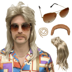 Peruca Retrô Anos 80 Rock Com Bigode Óculos Cordão Fantasia