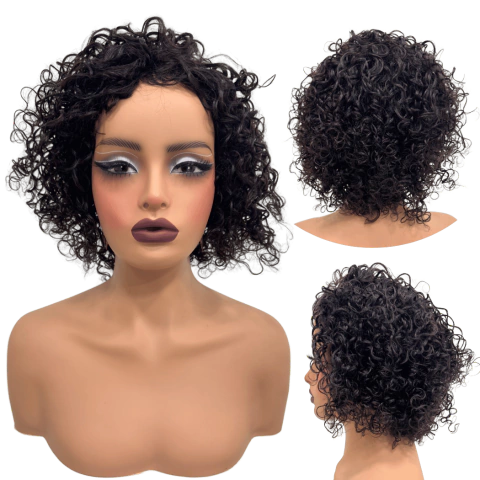 Peruca Humana Castanho Escuro Curto Médio Cacheada Wig