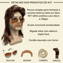Imagem do Peruca Retrô Anos 80 Rock Com Bigode Óculos Cordão Fantasia
