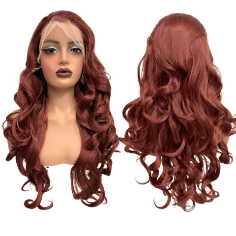 Peruca front lace 13x2 80cm ruiva ondulada cacheada premium