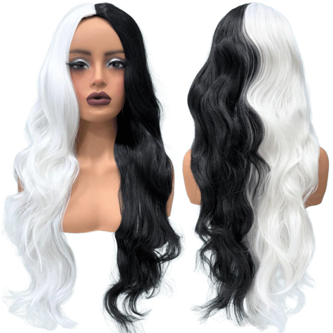 Peruca Cruela ondulada longa 80cm repartida meio halloween