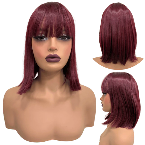 Peruca marsala lisa curta com franja orgânica 32cm long bob