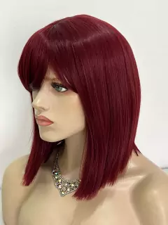Peruca marsala lisa curta com franja orgânica 32cm long bob - Perucas & Laces LIONSWIG