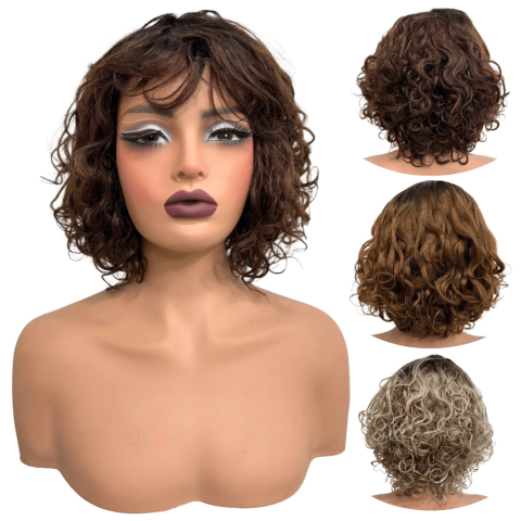 Peruca curta cacheada com franja 25cm ondulada orgânica