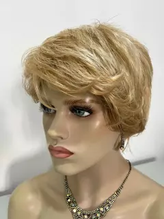 Peruca curta loira claro com franja e mechas unissex premium na internet