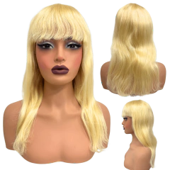 Peruca loira claro cabelo humano com franja curta médio 40cm
