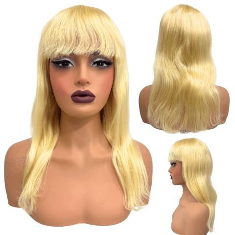 Peruca loira claro cabelo humano com franja curta médio 40cm